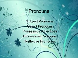 Pronouns
Subject Pronouns
Object Pronouns
Possessive Adjectives
Possessive Pronouns
Reflexive Pronouns
 