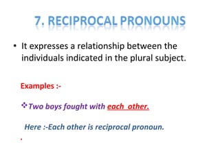 • It expresses a relationship between the
individuals indicated in the plural subject.
Examples :-
Two boys fought with each other.
Here :-Each other is reciprocal pronoun.
.
 