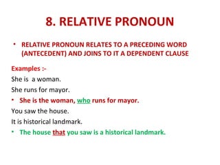 8. RELATIVE PRONOUN
• RELATIVE PRONOUN RELATES TO A PRECEDING WORD
(ANTECEDENT) AND JOINS TO IT A DEPENDENT CLAUSE
Examples :-
She is a woman.
She runs for mayor.
• She is the woman, who runs for mayor.
You saw the house.
It is historical landmark.
• The house that you saw is a historical landmark.
 