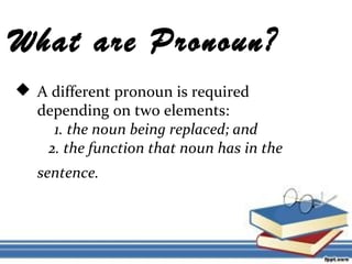 What are Pronoun?
 A different pronoun is required
depending on two elements:
1. the noun being replaced; and
2. the function that noun has in the
sentence.
 
