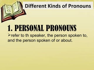 Different Kinds of Pronouns
1. PERSONAL PRONOUNS
refer to th speaker, the person spoken to,
and the person spoken of or about.
 