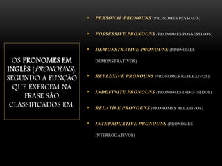 OS PRONOMES EM
INGLÊS (PRONOUNS),
SEGUNDO A FUNÇÃO
QUE EXERCEM NA
FRASE SÃO
CLASSIFICADOS EM:
• PERSONAL PRONOUNS (PRONOMES PESSOAIS)
• POSSESSIVE PRONOUNS (PRONOMES POSSESSIVOS)
• DEMONSTRATIVE PRONOUNS (PRONOMES
DEMONSTRATIVOS)
• REFLEXIVE PRONOUNS (PRONOMES REFLEXIVOS)
• INDEFINITE PRONOUNS (PRONOMES INDEFINIDOS)
• RELATIVE PRONOUNS (PRONOMES RELATIVOS)
• INTERROGATIVE PRONOUNS (PRONOMES
INTERROGATIVOS)
 