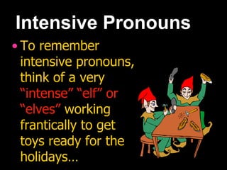 Intensive Pronouns
• To remember
intensive pronouns,
think of a very
“intense” “elf” or
“elves” working
frantically to get
toys ready for the
holidays…
 