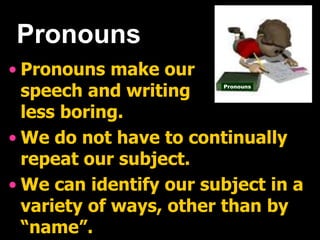 Pronouns
• Pronouns make our
speech and writing
less boring.
• We do not have to continually
repeat our subject.
• We can identify our subject in a
variety of ways, other than by
“name”.
Pronouns
 