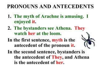 PRONOUNS AND ANTECEDENTS
1. The myth of Arachne is amusing. I
enjoyed it.
2. The bystanders see Athena. They
watch her at the loom.
In the first sentence, myth is the
antecedent of the pronoun it.
In the second sentence, bystanders is
the antecedent of They, and Athena
is the antecedent of her.
 