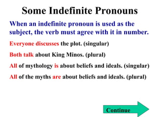Some Indefinite Pronouns
Continue
When an indefinite pronoun is used as the
subject, the verb must agree with it in number.
Everyone discusses the plot. (singular)
Both talk about King Minos. (plural)
All of mythology is about beliefs and ideals. (singular)
All of the myths are about beliefs and ideals. (plural)
 