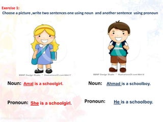 Exercise 1:Choose a picture ,write two sentences one using noun  and another sentence  using pronounNoun:Noun:Ahmad is a schoolboy. Amal is a schoolgirl.Pronoun:Pronoun:He is a schoolboy.She is a schoolgirl.