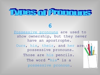 6
Possessive pronouns are used to
 show ownership, but they never
      have an apostrophe.
 Ours, his, their, and her are
      possessive pronouns.
    Those are his pencils.
      The word "his" is a
       possessive pronoun.
 