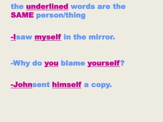 the underlined words are the
SAME person/thing


-Isaw myself in the mirror.


-Why do you blame yourself?

-Johnsent himself a copy.
 
