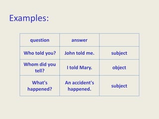 Examples:

     question         answer

   Who told you?   John told me.   subject

   Whom did you
                   I told Mary.    object
      tell?

      What's       An accident's
                                   subject
    happened?       happened.
 