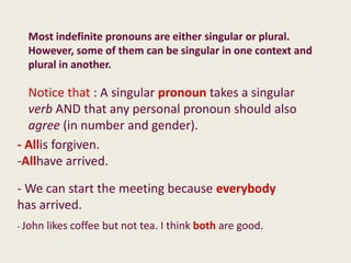 Most indefinite pronouns are either singular or plural.
  However, some of them can be singular in one context and
  plural in another.

  Notice that : A singular pronoun takes a singular
  verb AND that any personal pronoun should also
  agree (in number and gender).
- Allis forgiven.
-Allhave arrived.

- We can start the meeting because everybody
has arrived.
- John likes coffee   but not tea. I think both are good.
 