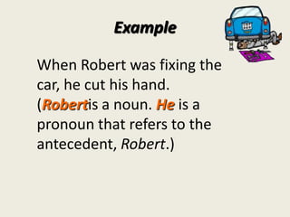 Example

When Robert was fixing the
car, he cut his hand.
(Robertis a noun. He is a
pronoun that refers to the
antecedent, Robert.)
 