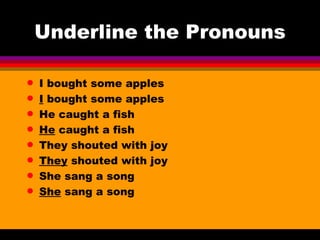 Underline the Pronouns I bought some apples I  bought some apples He caught a fish He  caught a fish They shouted with joy They  shouted with joy She sang a song She  sang a song 
