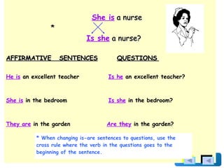   She is  a nurse * Is she  a nurse? AFFIRMATIVE  SENTENCES   QUESTIONS   He is  an excellent teacher  Is he  an excellent...
