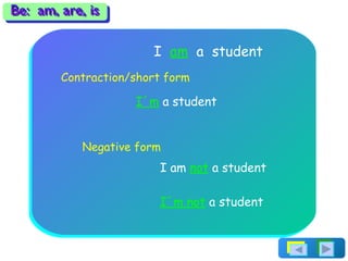 I  am   a  student Contraction/short form I´m   a student Negative form I am   not   a student I´m not   a student Be:  am...