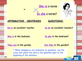   She is  a nurse * Is she  a nurse? AFFIRMATIVE  SENTENCES   QUESTIONS   He is  an excellent teacher  Is he  an excellent...