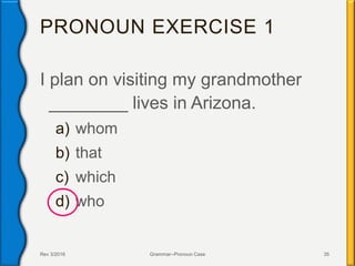 PRONOUN EXERCISE 1
I plan on visiting my grandmother
________ lives in Arizona.
a) whom
b) that
c) which
d) who
Rev 3/2016 Grammar--Pronoun Case 35
 
