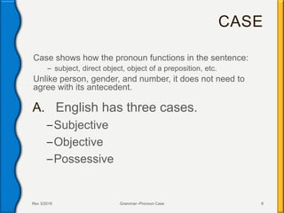 CASE
Case shows how the pronoun functions in the sentence:
– subject, direct object, object of a preposition, etc.
Unlike person, gender, and number, it does not need to
agree with its antecedent.
A. English has three cases.
–Subjective
–Objective
–Possessive
Rev 3/2016 Grammar--Pronoun Case 8
 