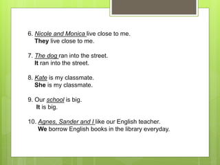 6. Nicole and Monica live close to me.
They live close to me.
7. The dog ran into the street.
It ran into the street.
8. Kate is my classmate.
She is my classmate.
9. Our school is big.
It is big.
10. Agnes, Sander and I like our English teacher.
We borrow English books in the library everyday.
 