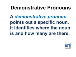 Demonstrative Pronouns
A demonstrative pronoun
points out a specific noun.
It identifies where the noun
is and how many are there.
 