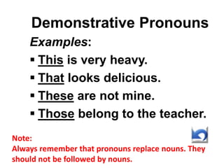 Demonstrative Pronouns
Examples:
 This is very heavy.
 That looks delicious.
 These are not mine.
 Those belong to the teacher.
Note:
Always remember that pronouns replace nouns. They
should not be followed by nouns.
 