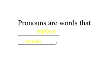 What are Pronouns?
Pronouns are words that
___________
__________.
replace
nouns
 