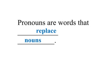 What are Pronouns?
Pronouns are words that
___________
__________.
replace
nouns
 