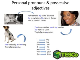 Personal pronouns & possessive
adjectives
I am Sandra, my name is Sandra
He is my father, his name is Ronald
This is Sandra’s father
This is Scooby, it is my dog
This is Sandra’s dog
This is my mother, she is my mother
her name is Carol
This is Sandra’s mother
I my
he his
she her
it its
we our
you your
they their
 