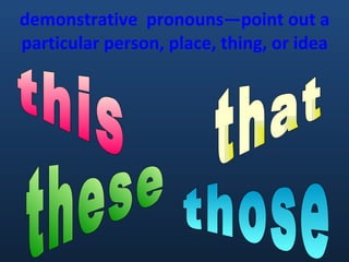 demonstrative  pronouns—point out a particular person, place, thing, or idea that this these those 