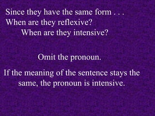 Since they have the same form . . .  When are they reflexive?  When are they intensive? Omit the pronoun.  If the meaning of the sentence stays the same, the pronoun is intensive. 