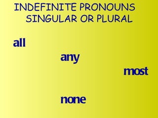 INDEFINITE PRONOUNS  SINGULAR OR PLURAL all  any  most  none  some 