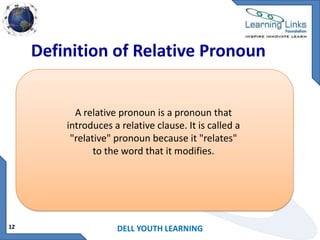 Definition of Relative Pronoun

A relative pronoun is a pronoun that
introduces a relative clause. It is called a
"relative" pronoun because it "relates"
to the word that it modifies.

12

DELL YOUTH LEARNING

 