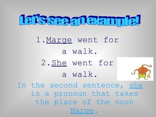 1.Marge went for
a walk.
2.She went for
a walk.
In the second sentence, she
is a pronoun that takes
the place of the noun
Marge.
 