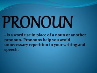 PRONOUN- is a word use in place of a noun or another
pronoun. Pronouns help you avoid
unnecessary repetition in your writing and
speech.
 