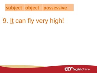 9. It can fly very high!
subject object possessive
 
