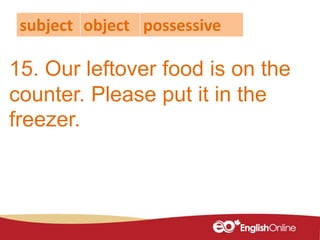 15. Our leftover food is on the
counter. Please put it in the
freezer.
subject object possessive
 