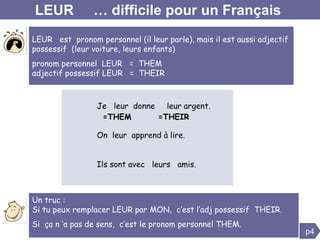 LEUR  … difficile pour un Français  p4 LEUR  est  pronom personnel (il leur parle), mais il est aussi adjectif possessif  ...