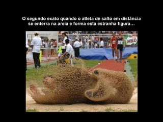 O segundo exato quando o atleta de salto em distância se enterra na areia e forma esta estranha figura… 