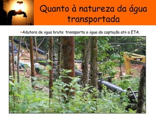 Quanto à natureza da água
transportada
•Adutora de água bruta: transporta a água da captação até a ETA.
 