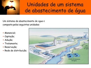 Unidades de um sistema
de abastecimento de água
Um sistema de abastecimento de água é
composto pelas seguintes unidades:
• Manancial;
• Captação;
• Adução;
• Tratamento;
• Reservação;
• Rede de distribuição;
 