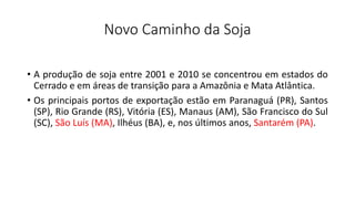 Novo Caminho da Soja
• A produção de soja entre 2001 e 2010 se concentrou em estados do
Cerrado e em áreas de transição para a Amazônia e Mata Atlântica.
• Os principais portos de exportação estão em Paranaguá (PR), Santos
(SP), Rio Grande (RS), Vitória (ES), Manaus (AM), São Francisco do Sul
(SC), São Luís (MA), Ilhéus (BA), e, nos últimos anos, Santarém (PA).
 