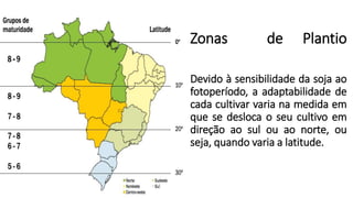 Zonas de Plantio
Devido à sensibilidade da soja ao
fotoperíodo, a adaptabilidade de
cada cultivar varia na medida em
que se desloca o seu cultivo em
direção ao sul ou ao norte, ou
seja, quando varia a latitude.
 