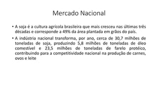 Mercado Nacional
• A soja é a cultura agrícola brasileira que mais cresceu nas últimas três
décadas e corresponde a 49% da área plantada em grãos do país.
• A indústria nacional transforma, por ano, cerca de 30,7 milhões de
toneladas de soja, produzindo 5,8 milhões de toneladas de óleo
comestível e 23,5 milhões de toneladas de farelo protéico,
contribuindo para a competitividade nacional na produção de carnes,
ovos e leite
 