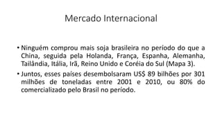 Mercado Internacional
• Ninguém comprou mais soja brasileira no período do que a
China, seguida pela Holanda, França, Espanha, Alemanha,
Tailândia, Itália, Irã, Reino Unido e Coréia do Sul (Mapa 3).
• Juntos, esses países desembolsaram US$ 89 bilhões por 301
milhões de toneladas entre 2001 e 2010, ou 80% do
comercializado pelo Brasil no período.
 