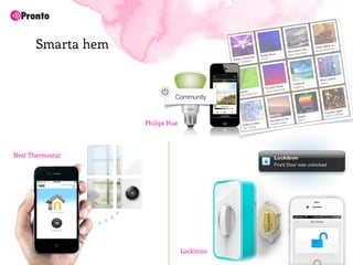 Smarta hem


                              Community



                    Philips Hue




Nest Thermostat




                                  Lockitron
 