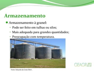 Armazenamento à granel:
• Pode ser feito em tulhas ou silos;
• Mais adequada para grandes quantidades;
• Preocupação com temperatura.
Armazenamento
Fonte: Eduardo da Costa Eifert .
 