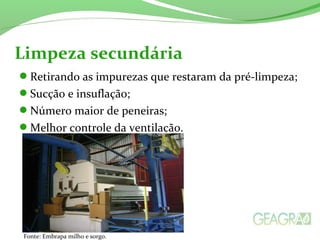 Retirando as impurezas que restaram da pré-limpeza;
Sucção e insuflação;
Número maior de peneiras;
Melhor controle da ventilação.
Limpeza secundária
Fonte: Embrapa milho e sorgo.
 