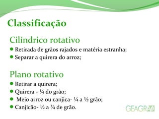 Cilíndrico rotativo
Retirada de grãos rajados e matéria estranha;
Separar a quirera do arroz;
Plano rotativo
Retirar a quirera;
Quirera - ¼ do grão;
 Meio arroz ou canjica- ¼ a ½ grão;
Canjicão- ½ a ¾ de grão.
Classificação
 