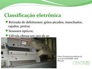 Retirada de defeituosos: grãos picados, manchados,
rajados, pretos;
Sensores ópticos;
Válvula efetua um jato de ar.
Classificação eletrônica
Fonte: Processo de produção do
arroz da COOPERJA, Aline
Manenti.
 