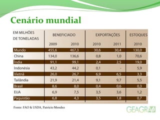 Fonte: FAO & USDA, Patrício Mendez
Cenário mundial
 